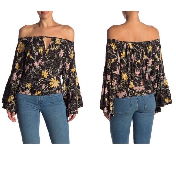 FREE PEOPLE Last Time Floral Bell Sleeve Top Black Women’s Size Medium - Picture 2 of 7